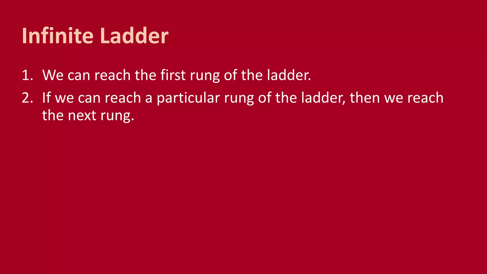 1. We can reach the first rung of the ladder.
2. If we can reach a particular rung of the ladder, then we reach
the next rung.
Infinite Ladder
 