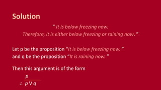 “ It is below freezing now.
Therefore, it is either below freezing or raining now. ”
Let p be the proposition “It is below freezing now. ”
and q be the proposition “It is raining now. ”
Then this argument is of the form
p
∴ p V q
Solution
 