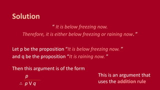 “ It is below freezing now.
Therefore, it is either below freezing or raining now. ”
Let p be the proposition “It is below freezing now. ”
and q be the proposition “It is raining now. ”
Then this argument is of the form
p
∴ p V q
Solution
This is an argument that
uses the addition rule
 