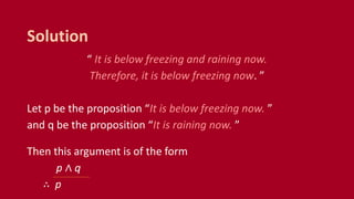 “ It is below freezing and raining now.
Therefore, it is below freezing now. ”
Let p be the proposition “It is below freezing now. ”
and q be the proposition “It is raining now. ”
Then this argument is of the form
p ∧ q
∴ p
Solution
 