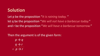 Let p be the proposition “It is raining today. ”
let q be the proposition “We will not have a barbecue today.”
and r be the proposition “We will have a barbecue tomorrow.”
Then the argument is of the given form:
p → q
q → r
∴ p → r
Solution
 