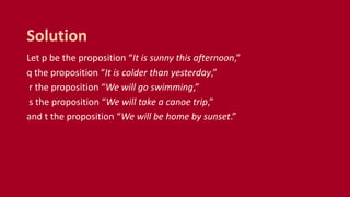 Let p be the proposition “It is sunny this afternoon,”
q the proposition “It is colder than yesterday,”
r the proposition “We will go swimming,”
s the proposition “We will take a canoe trip,”
and t the proposition “We will be home by sunset.”
Solution
 