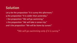 Let p be the proposition “It is sunny this afternoon,”
q the proposition “It is colder than yesterday,”
r the proposition “We will go swimming,”
s the proposition “We will take a canoe trip,”
and t the proposition “We will be home by sunset.”
“We will go swimming only if it is sunny.”
Solution
 