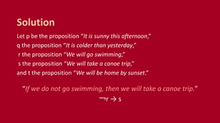Let p be the proposition “It is sunny this afternoon,”
q the proposition “It is colder than yesterday,”
r the proposition “We will go swimming,”
s the proposition “We will take a canoe trip,”
and t the proposition “We will be home by sunset.”
“If we do not go swimming, then we will take a canoe trip.”
￢r → s
Solution
 