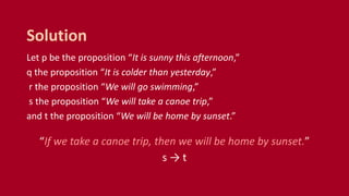 Let p be the proposition “It is sunny this afternoon,”
q the proposition “It is colder than yesterday,”
r the proposition “We will go swimming,”
s the proposition “We will take a canoe trip,”
and t the proposition “We will be home by sunset.”
“If we take a canoe trip, then we will be home by sunset.”
s → t
Solution
 