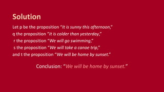 Let p be the proposition “It is sunny this afternoon,”
q the proposition “It is colder than yesterday,”
r the proposition “We will go swimming,”
s the proposition “We will take a canoe trip,”
and t the proposition “We will be home by sunset.”
Conclusion: “We will be home by sunset.”
Solution
 