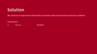We construct an argument to show that our premises lead to the desired conclusion as follows.
Step Reason
1. ￢p ∧ q Premise
Solution
 