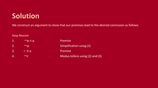 We construct an argument to show that our premises lead to the desired conclusion as follows.
Step Reason
1. ￢p ∧ q Premise
2. ￢p Simplification using (1)
3. r → p Premise
4. ￢r Modus tollens using (2) and (3)
Solution
 