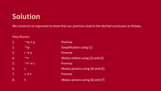 We construct an argument to show that our premises lead to the desired conclusion as follows.
Step Reason
1. ￢p ∧ q Premise
2. ￢p Simplification using (1)
3. r → p Premise
4. ￢r Modus tollens using (2) and (3)
5. ￢r → s Premise
6. s Modus ponens using (4) and (5)
7. s → t Premise
8. t Modus ponens using (6) and (7)
Solution
 