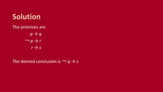 The premises are
p → q
￢ p → r
r → s
The desired conclusion is ￢ q → s
Solution
 