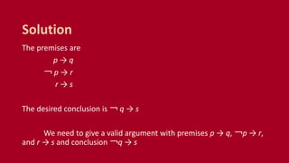 The premises are
p → q
￢ p → r
r → s
The desired conclusion is ￢ q → s
We need to give a valid argument with premises p → q, ￢p → r,
and r → s and conclusion ￢q → s
Solution
 