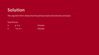 This argument form shows that the premises lead to the desired conclusion.
Step Reason
1. p → q Premise
2. ￢p → r Premise
Solution
 