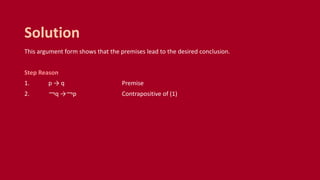 This argument form shows that the premises lead to the desired conclusion.
Step Reason
1. p → q Premise
2. ￢q →￢p Contrapositive of (1)
Solution
 