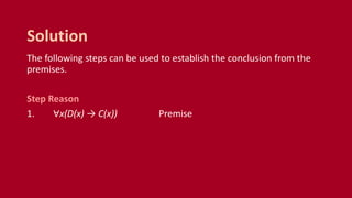 The following steps can be used to establish the conclusion from the
premises.
Step Reason
1. ∀x(D(x) → C(x)) Premise
Solution
 