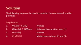 The following steps can be used to establish the conclusion from the
premises.
Step Reason
1. ∀x(D(x) → C(x)) Premise
2. D(Marla) → C(Marla) Universal instantiation from (1)
3. D(Marla) Premise
4. C(Marla) Modus ponens from (2) and (3)
Solution
 