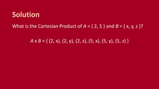 What is the Cartesian Product of A = { 2, 5 } and B = { x, y, z }?
A x B = { (2, x), (2, y), (2, z), (5, x), (5, y), (5, z) }
Solution
 