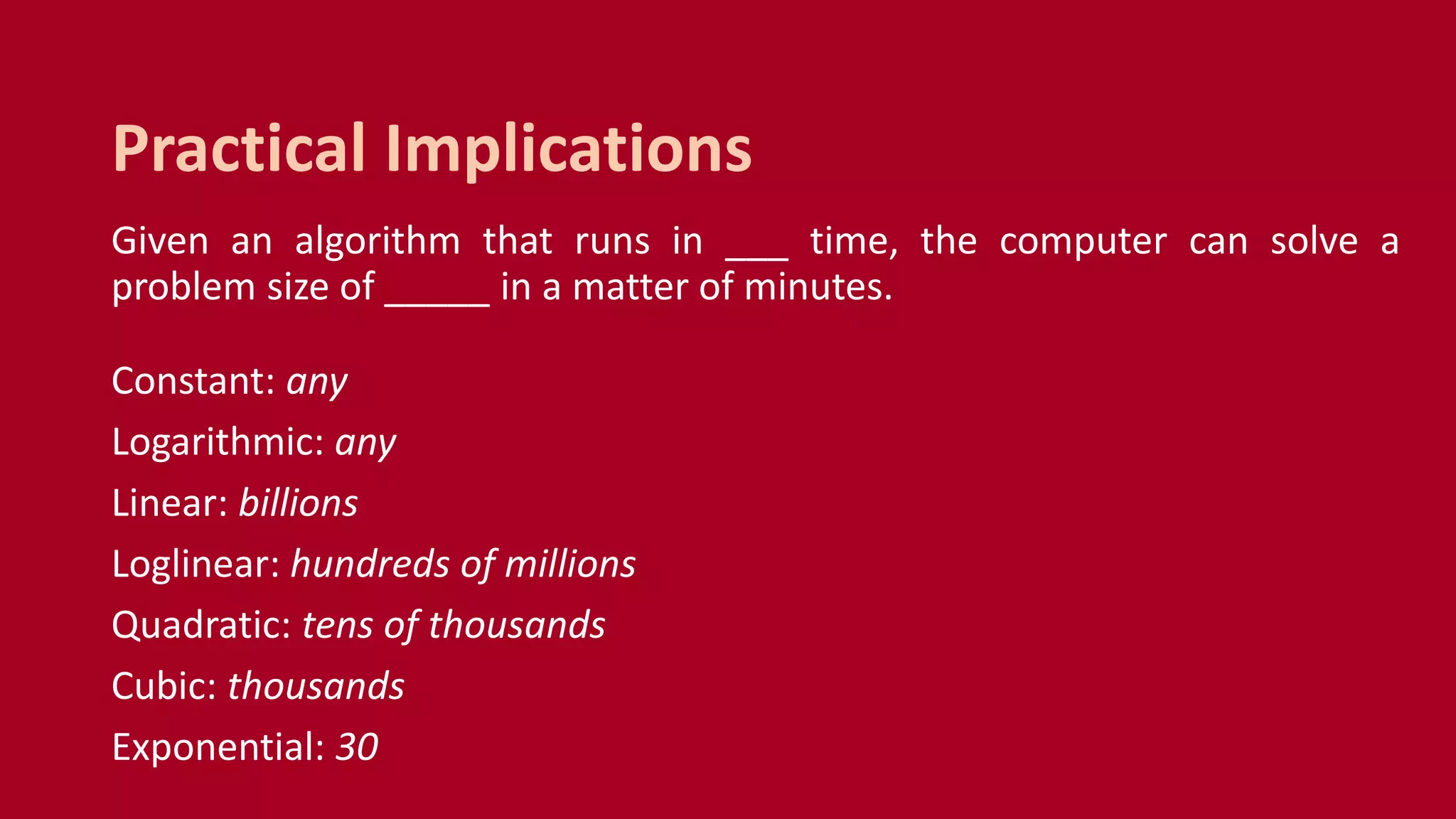 Given an algorithm that runs in ___ time, the computer can solve a
problem size of _____ in a matter of minutes.
Constant: any
Logarithmic: any
Linear: billions
Loglinear: hundreds of millions
Quadratic: tens of thousands
Cubic: thousands
Exponential: 30
Practical Implications
 