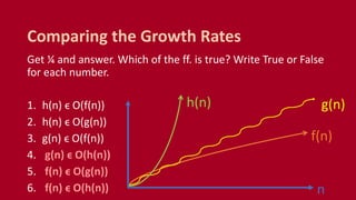 Get ¼ and answer. Which of the ff. is true? Write True or False
for each number.
1. h(n) ϵ O(f(n))
2. h(n) ϵ O(g(n))
3. g(n) ϵ O(f(n))
4. g(n) ϵ O(h(n))
5. f(n) ϵ O(g(n))
6. f(n) ϵ O(h(n))
Comparing the Growth Rates
f(n)
g(n)h(n)
n
 