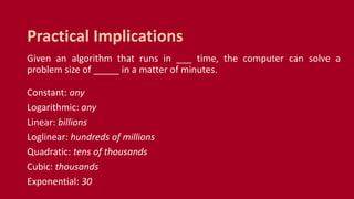 Given an algorithm that runs in ___ time, the computer can solve a
problem size of _____ in a matter of minutes.
Constant: any
Logarithmic: any
Linear: billions
Loglinear: hundreds of millions
Quadratic: tens of thousands
Cubic: thousands
Exponential: 30
Practical Implications
 