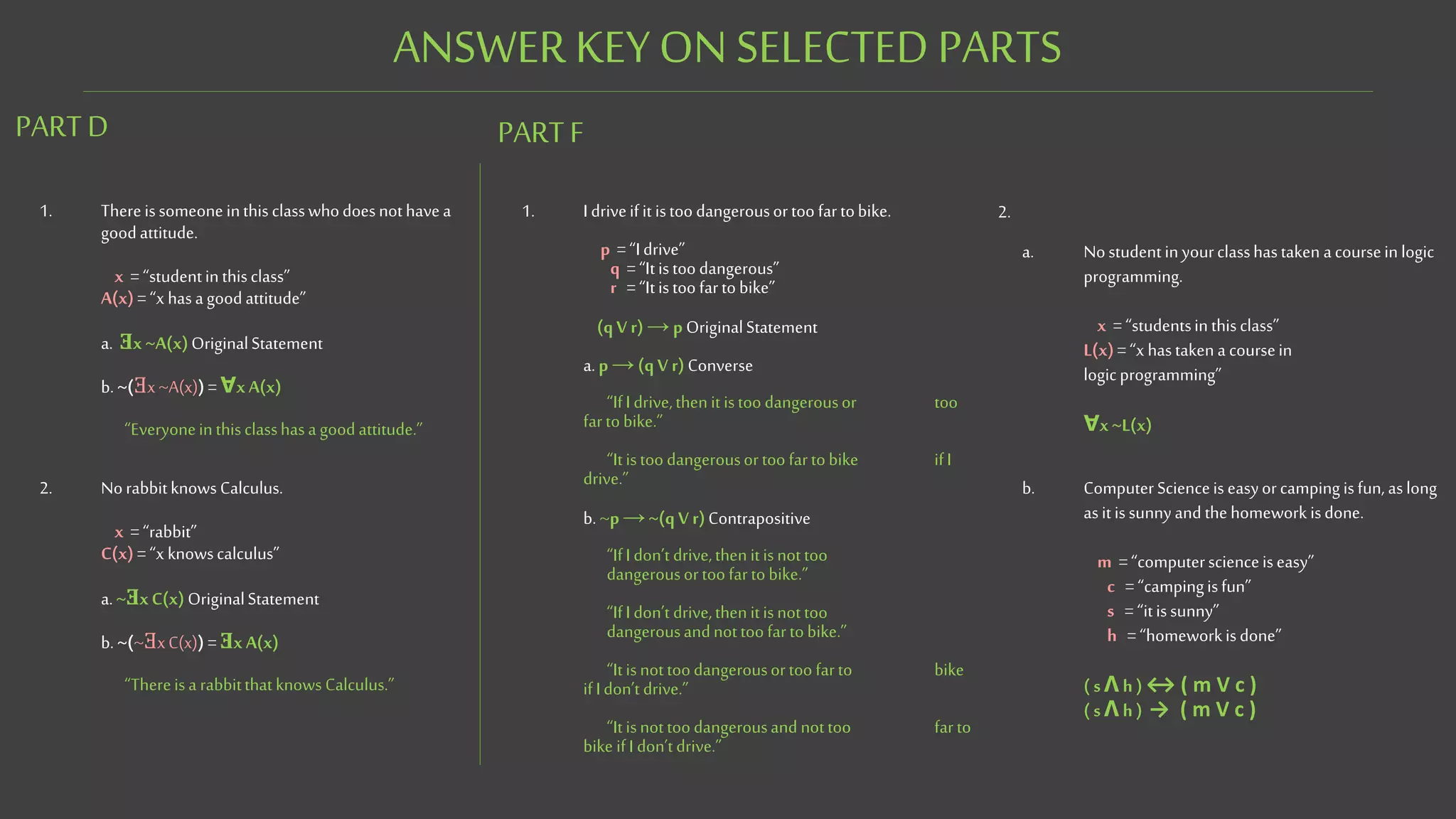 ANSWER KEYON SELECTED PARTS
PARTD
1. Thereissomeoneinthis classwhodoesnothavea
goodattitude.
x = “studentinthisclass”
A(x)= “x hasagoodattitude”
a. Ǝx ~A(x)OriginalStatement
b. ~(Ǝx~A(x))= ꓯxA(x)
“Everyoneinthisclasshasa goodattitude.”
2. Norabbitknows Calculus.
x = “rabbit”
C(x)= “x knowscalculus”
a.~ƎxC(x)OriginalStatement
b. ~(~ƎxC(x)) = Ǝx A(x)
“Thereisa rabbitthat knows Calculus.”
PARTF
1. I driveifit istoo dangerousortoo fartobike.
p = “Idrive”
q = “Itistoo dangerous”
r = “Itistoo fartobike”
(qV r)→ p OriginalStatement
a. p → (qV r)Converse
“IfI drive,thenit istoo dangerousor too
fartobike.”
“Itistoo dangerousortoo fartobike ifI
drive.”
b. ~p→~(qV r)Contrapositive
“IfI don’t drive,thenitisnottoo
dangerousortoo fartobike.”
“IfI don’t drive,thenitisnottoo
dangerousandnottoofartobike.”
“Itisnottoodangerousortoo farto bike
ifIdon’t drive.”
“Itisnottoodangerousand nottoo farto
bike if I don’tdrive.”
2.
a. Nostudentinyourclasshastaken acourseinlogic
programming.
x = “studentsinthisclass”
L(x)= “x hastakena coursein
logicprogramming”
ꓯx~L(x)
b. ComputerScienceis easyorcampingisfun, aslong
asitissunnyand thehomework isdone.
m =“computerscienceiseasy”
c = “campingisfun”
s = “itissunny”
h = “homeworkisdone”
(sꓥ h) ↔ ( m V c )
(sꓥ h) → ( m V c )
 