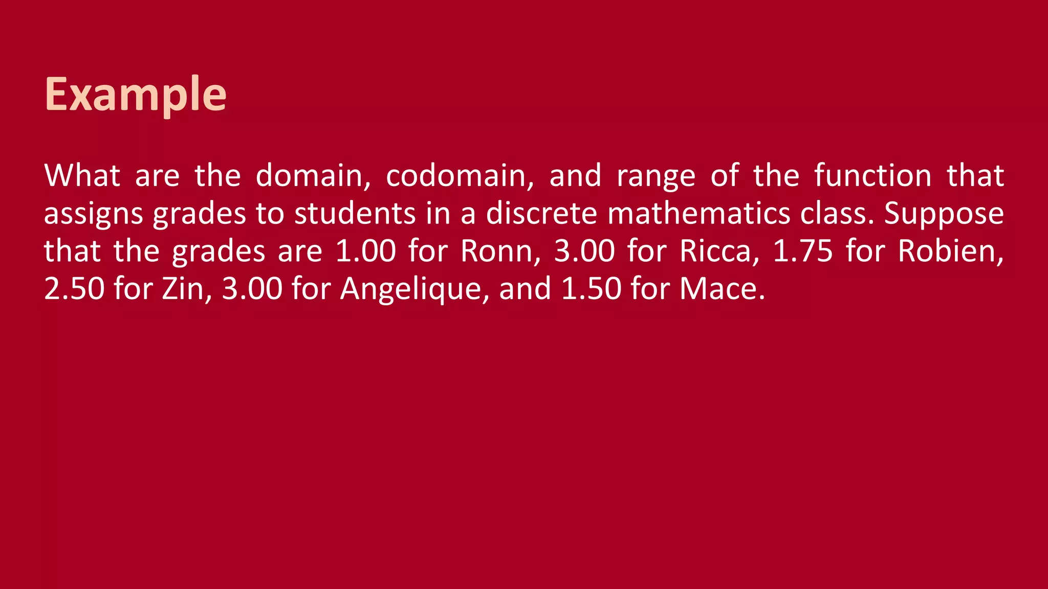 What are the domain, codomain, and range of the function that
assigns grades to students in a discrete mathematics class. Suppose
that the grades are 1.00 for Ronn, 3.00 for Ricca, 1.75 for Robien,
2.50 for Zin, 3.00 for Angelique, and 1.50 for Mace.
Example
 