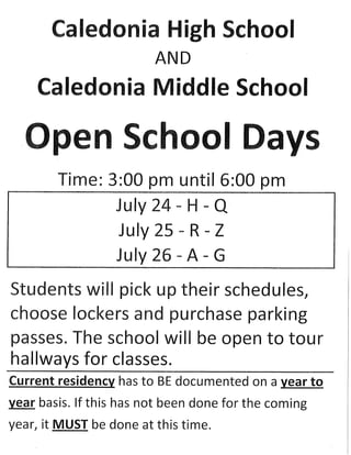Caledonia Middle and High Open Days Schedule