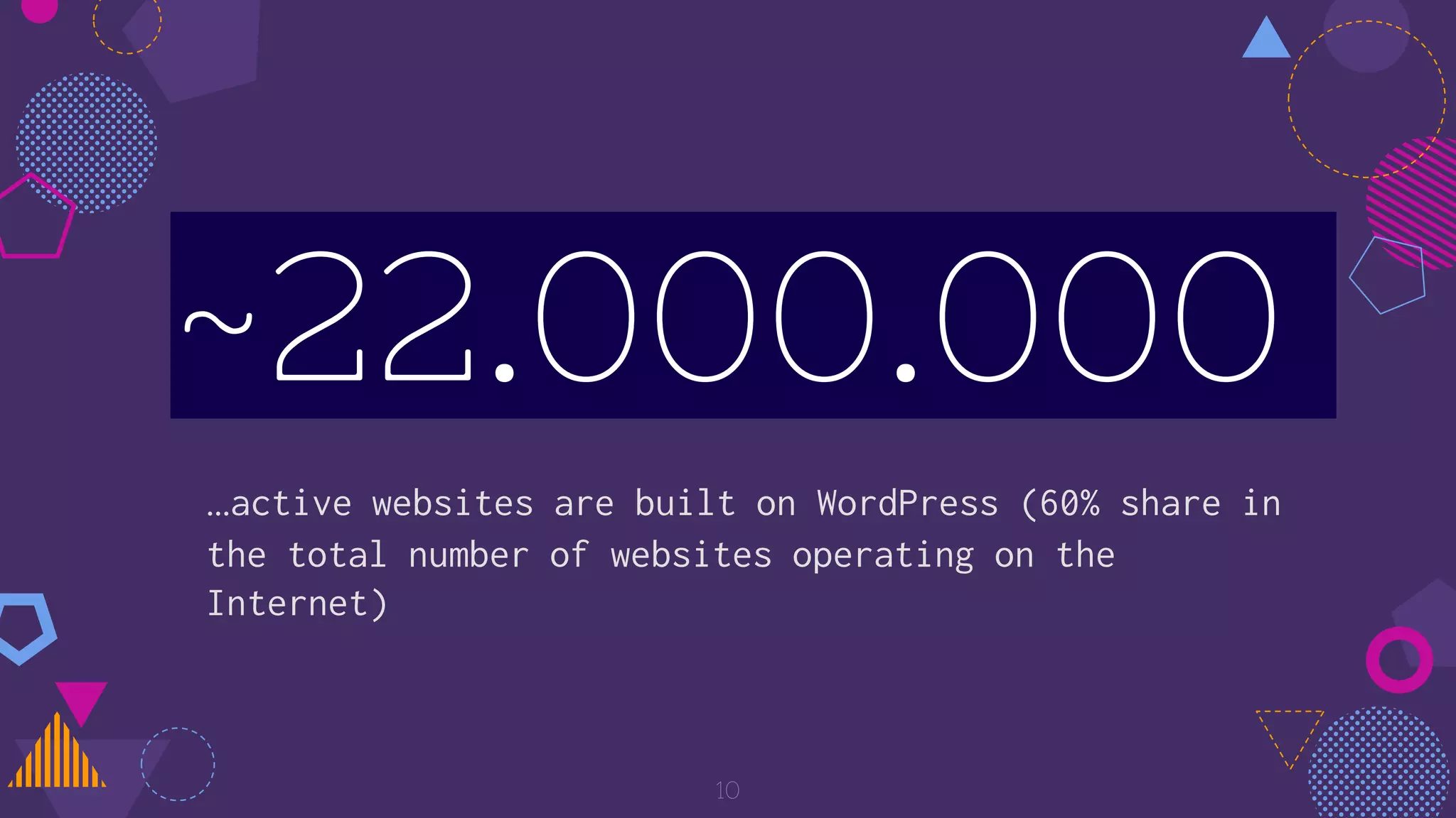 ~22.000.000
…active websites are built on WordPress (60% share in
the total number of websites operating on the
Internet)
10
 