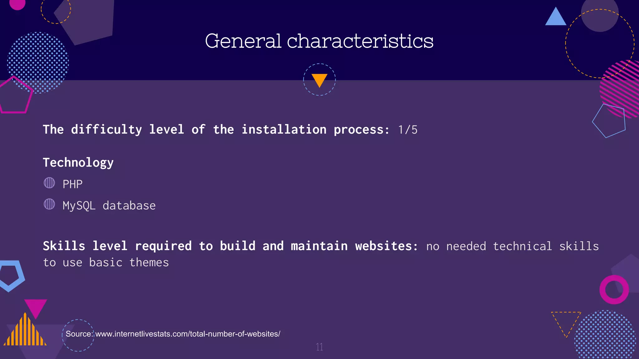 Technology
◍ PHP
◍ MySQL database
General characteristics
11
The difficulty level of the installation process: 1/5
Skills level required to build and maintain websites: no needed technical skills
to use basic themes
Source: www.internetlivestats.com/total-number-of-websites/
 