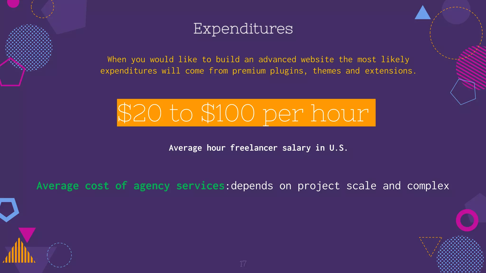 $20 to $100 per hour
Average hour freelancer salary in U.S.
When you would like to build an advanced website the most likely
expenditures will come from premium plugins, themes and extensions.
17
Average cost of agency services:depends on project scale and complex
 