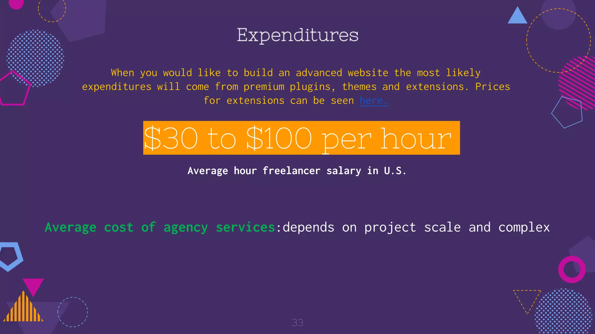 $30 to $100 per hour
Average hour freelancer salary in U.S.
When you would like to build an advanced website the most likely
expenditures will come from premium plugins, themes and extensions. Prices
for extensions can be seen here.
33
Average cost of agency services:depends on project scale and complex
 
