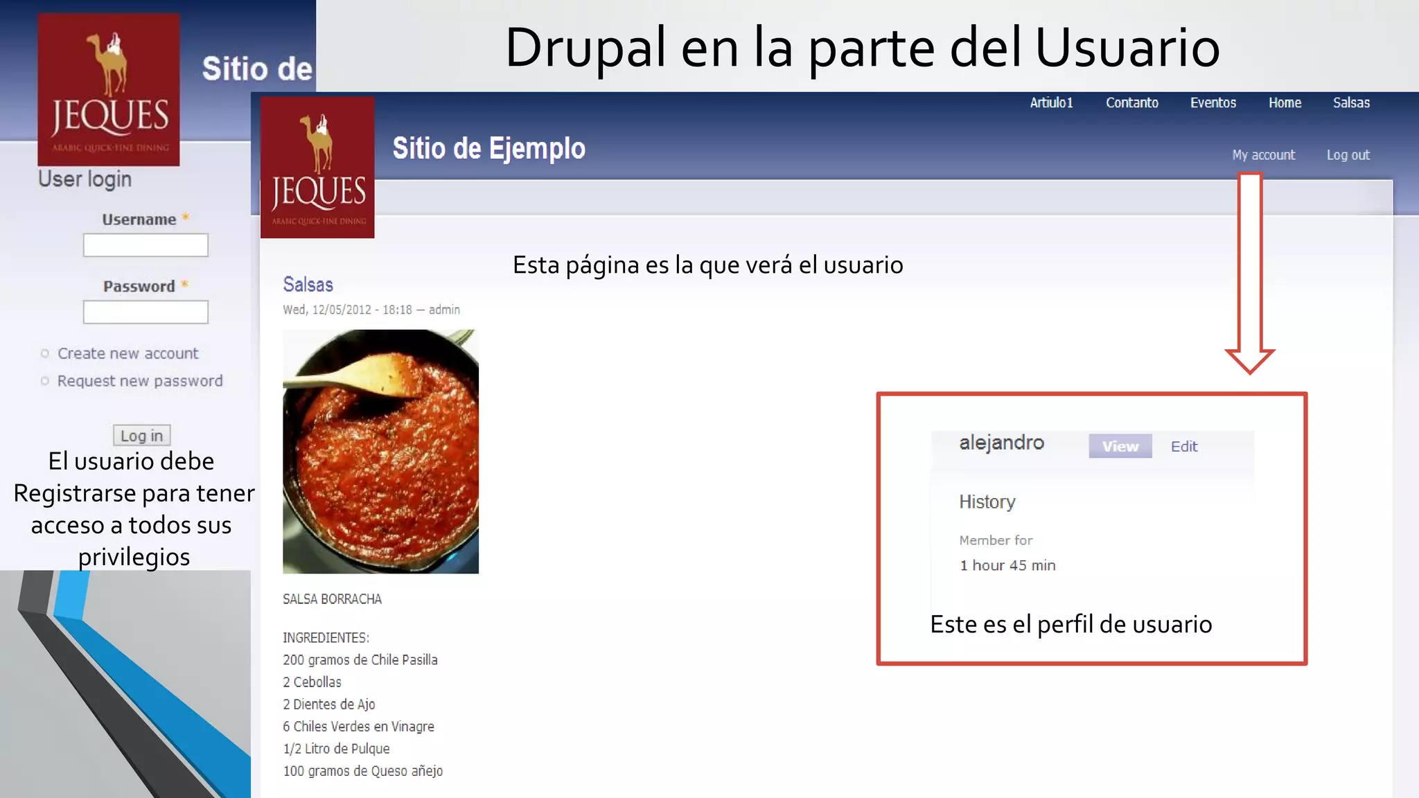 Drupal en la parte del Usuario


                         Esta página es la que verá el usuario




  El usuario debe
Registrarse para tener
 acceso a todos sus
      privilegios

                                                                 Este es el perfil de usuario
 