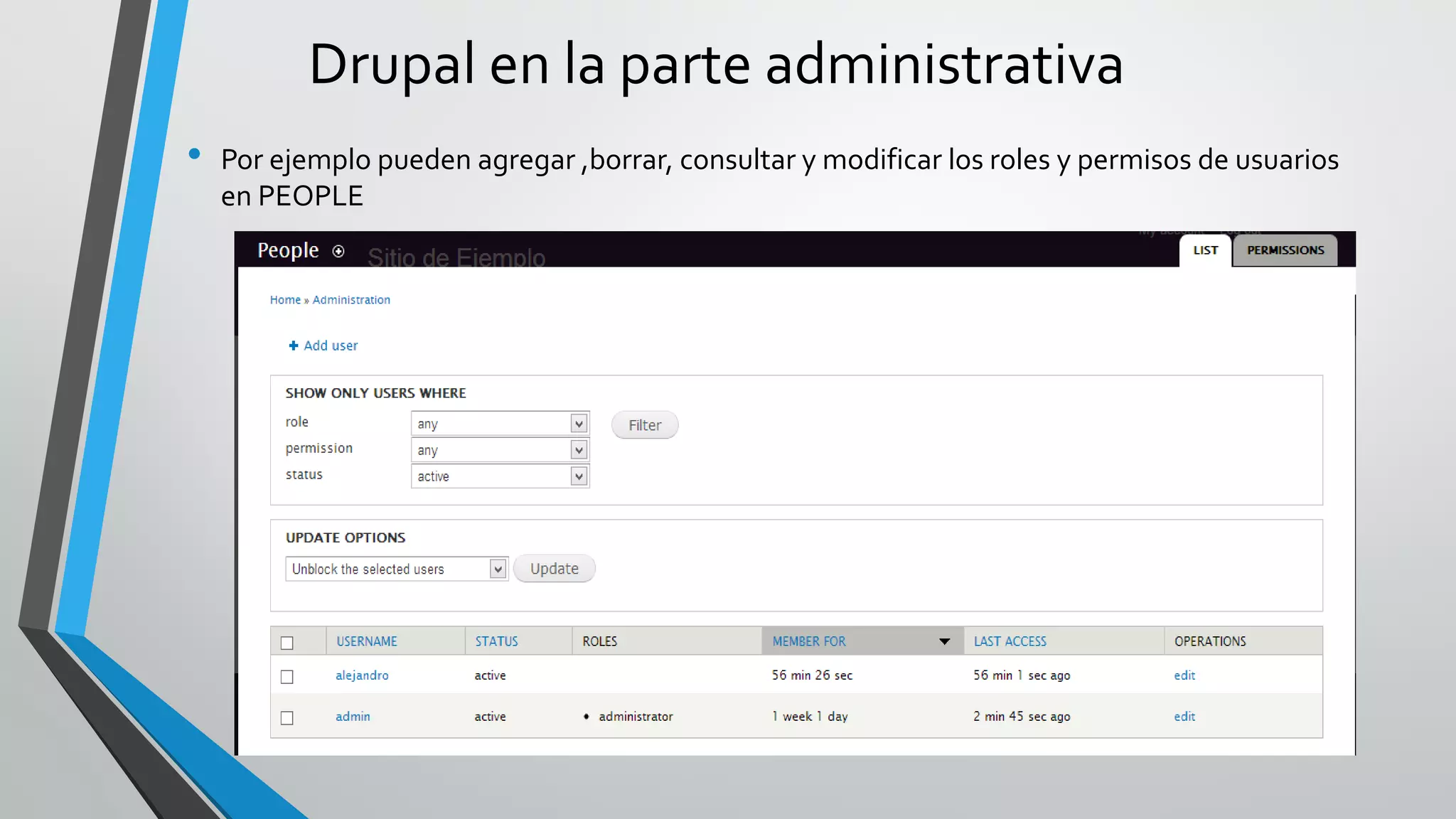 Drupal en la parte administrativa
•   Por ejemplo pueden agregar ,borrar, consultar y modificar los roles y permisos de usuarios
    en PEOPLE
 