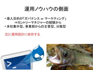 運用ノウハウの側面

導入目的が「ガバナンス or マーケティング」
　　　　⇒カントリーマネジャーの経験から

本社集中型、事業部からの主管型、分散型
注3）運用設計に依存する
 
