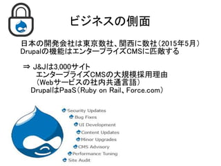 ビジネスの側面
日本の開発会社は東京数社、関西に数社（2015年5月）
Drupalの機能はエンタープライズCMSに匹敵する
⇒ J&Jは3,000サイト
　　　エンタープライズCMSの大規模採用理由
　　　（Webサービスの社内共通言語）
　　DrupalはPaaS（Ruby on Rail、Force.com）
 