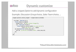 Dynamic customize
Add a snippet.Option to add dynamic conﬁguration
Example: Discussion Group choice, Sales Team choice, .....