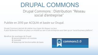 DRUPAL COMMONS 
Drupal Commons : Distribution “Réseau 
social d’entreprise” 
Publiée en 2010 par ACQUIA et basée sur Drupal. 
Drupal Commons permet de réaliser tous types de réseaux sociaux. 
Il peut facilement mettre en place un intranet au sein d’une entreprise aussi bien qu’un “social business platform”. 
Bénéficie des avantages de Drupal: 
 personnalisation via modules 
 notoriété 
 beaucoup de fonctionnalités de bases 
 