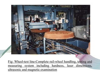 Fig: Wheel-test line-Complete rail-wheel handling, testing and
measuring system including hardness, laser dimensions,
ultrasonic and magnetic examination
 
