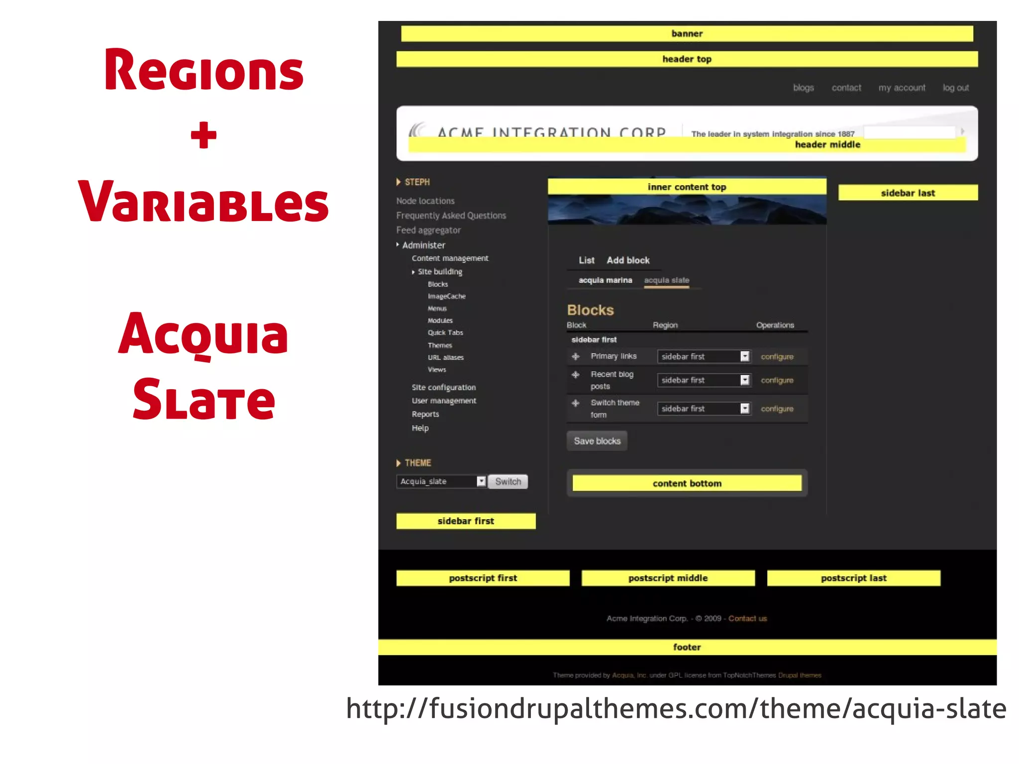 Regions
    +
Variables

 Acquia
 Slate




            http://fusiondrupalthemes.com/theme/acquia-slate
 