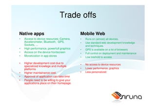 Trade offs

Native apps                                  Mobile Web
•   Access to device resources: Camera,      •   Runs on (almost) all devices.
    Accelerometer, Bluetooth, GPS,           •   Use standard web development knowledge
    Sockets, ...                                 and techniques.
•   High performance, powerfull graphics     •   GPS is available on a lot of browsers
•   Access on the device frontscreen         •   Full control on deployment and maintenance
•   Monetization in app stores               •   Low treshold to access

•   Higher development cost due to           •   No access to device resources
    specialized knowlege and multiple
    platforms                                •   Lower performance, graphics
•   Higher maintainance cost.                •   Less personalized
•   Approval of application can take time
•   People need to be willing to give your
    applicationa place on their homepage.
 