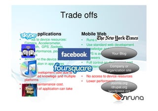 Trade offs

Native Applications                     Mobile Web
•   Access to device resources:         •   Runs on (almost) all devices.
    Camera, Accelerometer,              •   Use standard web development
    Bluetooth, GPS ,Sockets,
                                            knowledge and techniques.
•   High performance, powerfull
    graphics                            •   GPS is available Your Blog
                                                              on a lot of
•   Access on the device frontscreen        browsers
•   Monetization in app stores          •   Full control on deployment and
                                            maintenance Company or
                                                           organization site
•   Higher development cost due to
    specialized knowlege and multiple   •   No access to device resources
    platforms                           •   Lower performance
•   Higher maintainance cost.                               Joomla.org
•   Approval of application can take                        /drupal.org
    time                                                  /wordpress.org
 
