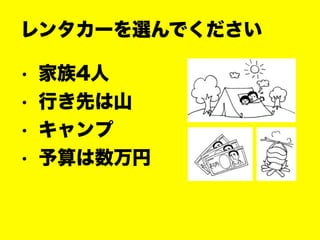 • 家族4人
• 行き先は山
• キャンプ
• 予算は数万円
レンタカーを選んでください
 