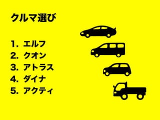 クルマ選び
1. エルフ
2. クオン
3. アトラス
4. ダイナ
5. アクティ
 