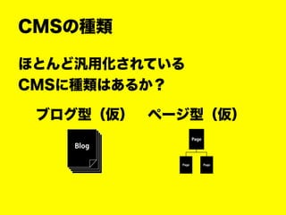 ブログ型（仮）
CMSの種類
ページ型（仮）
ほとんど汎用化されている
CMSに種類はあるか？
 