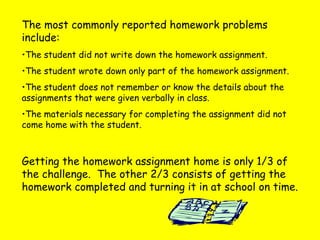 The most commonly reported homework problems
include:
•The student did not write down the homework assignment.
•The student wrote down only part of the homework assignment.
•The student does not remember or know the details about the
assignments that were given verbally in class.
•The materials necessary for completing the assignment did not
come home with the student.
Getting the homework assignment home is only 1/3 of
the challenge. The other 2/3 consists of getting the
homework completed and turning it in at school on time.
 