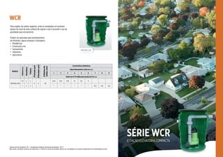 77
Motobombas
centrífugas
submersíveis
Para regiões de soleira negativa, onde as instalações se localizam
abaixo do nível da rede coletora de esgoto e não é possível o uso da
gravidade para escoamento.
Podem ser aplicadas para bombeamento
de efluentes, águas residuais e drenagem.
• Residências
• Construção civil
• Saneamento
• Indústrias
• Agricultura
SÉRIE WCR
ESTAÇÃO ELEVATÓRIA COMPACTA
MODELO
Potência
(cv)
Monofásico
Trifásico
Ø
Entrada
(pol)
Ø
Recalque
(pol)
Ø
Máximo
dos
Sólidos
(mm)
Características Hidráulicas
Altura Manométrica Total (m.c.a.)
1 2 3 4 5 6 7 8 9
Vazão em m³/h válida para sucção de 0 m.c.a.
WCR BCS-255
1/2 x x
4 2 50
22,9 19,4 15,8 12 8,1 4
1 x x * * * * * * 21,2 14,1 5,6
Volume útil da elevatória: 70 L. Temperatura máxima do líquido bombeado: 40 °C.
Não utilize o produto na faixa com asteriscos (*). Nota: As curvas do produto devem ser consultadas nos arquivos disponíveis em franklinwater.com.br.
WCR
WCR BCS-255
 