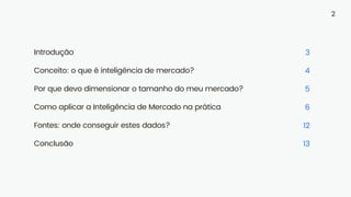 Introdução
Conceito: o que é inteligência de mercado?
Por que devo dimensionar o tamanho do meu mercado?
Como aplicar a Inteligência de Mercado na prática
Fontes: onde conseguir estes dados?
Conclusão
3
4
5
6
12
13
2
 
