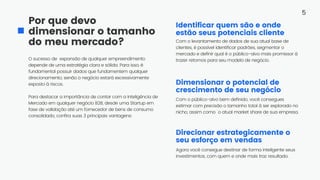 O sucesso de expansão de qualquer empreendimento
depende de uma estratégia clara e sólida. Para isso, é
fundamental possuir dados que fundamentem qualquer
direcionamento, senão o negócio estará excessivamente
exposto à riscos.
Para destacar a importância de contar com a Inteligência de
Mercado em qualquer negócio B2B, desde uma Startup em
fase de validação até um fornecedor de bens de consumo
consolidado, confira suas 3 principais vantagens:
Por que devo
dimensionar o tamanho
do meu mercado?
Identificar quem são e onde
estão seus potenciais cliente
Direcionar estrategicamente o
seu esforço em vendas
Dimensionar o potencial de
crescimento de seu negócio
5
Com o levantamento de dados de sua atual base de
clientes, é possível identificar padrões, segmentar o
mercado e definir qual é o público-alvo mais promissor à
trazer retornos para seu modelo de negócio.
Com o público-alvo bem definido, você consegues
estimar com precisão o tamanho total à ser explorado no
nicho, assim como o atual market share de sua empresa.
Agora você consegue destinar de forma inteligente seus
investimentos, com quem e onde mais traz resultado.
 