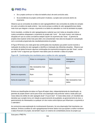 Guia para o PMD Pro 
104 
 Se o projeto continuar no índice de trabalho atual, ele será concluído cedo; 
 Se as tendências do projeto continuarem imutáveis, o projeto será concluído dentro do orçamento. 
Observe que as conclusões da análise do valor agregadodiferem das conclusões da análise de variação de custo cumulativo da seção anterior. Isso ocorre porque a análise do valor agregadofornece dados mais ricos que integram o escopo, orçamento e os dados do calendário no nível da atividade do projeto. 
Como resultado, a análise do valor agregadoajuda a salientar que nem todas as situações onde os custos cumulativos ultrapassam o orçamento do projeto são “ruins”. De modo inverso, nem todas as situações em que os custos cumulativos estejam aquém do orçamento são “boas”. O gerente de projetos deve explorar ainda mais para obter uma compreensão mais clara da situação em comparação com a conclusão programada das resultados/produtos do projeto. 
A Figura 49 fornece uma visão geral das contribuições dos resultados que podem ocorrer durante a realização da análise de valor agregado e identifica a implicação das diferentes situações. Observe que as células da tabela fornecem algumas combinações de orçamento/cronograma que são “boas”, outras que são "ruins" e algumas que requerem mais dados para se entender o status do projeto. 
Figura 49: Combinações dos resultados para a análise do valor agregado Atraso no cronograma Dentro do prazo Adiantado no cronograma Abaixo do orçamento 
São necessários mais dados 
Bom 
Bom Dentro do orçamento 
Ruim 
Bom 
Bom Acima do orçamento 
Ruim 
Ruim 
São necessários mais dados 
Embora as classificações de status na Figura 49 sejam úteis, independentemente da classificação, os gerentes de projeto devem usá-la para iniciar uma exploração mais profunda “sobre a razão pela qual nosso status de análise de valor agregado atual”. O que é isso? É nosso status atual, um resultado das decisões que o projeto tomou em relação ao gerenciamento de qualidade, ao gerenciamento de risco, o gerenciamento de interessados ou qualquer um dos muitos outros tópicos que influenciam o orçamento e o calendário”. 
Ao concluirmos essa exploração do monitoramento financeiro, há uma observação final importante a se destacar. Embora a análise do valor agregadopossa fornecer dados ricos que ajudem a melhor monitorar o status financeiro do projeto, ela também requer um sistema de contabilidade preciso do projeto que  