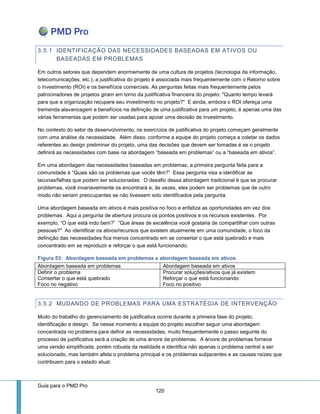 Guia para o PMD Pro 
120 
3.5.1 IDENTIFICAÇÃO DAS NECESSIDADES BASEADAS EM ATIVOS OU BASEADAS EM PROBLEMAS 
Em outros setores que dependem enormemente de uma cultura de projetos (tecnologia da informação, telecomunicações, etc.), a justificativa do projeto é associada mais frequentemente com o Retorno sobre o investimento (ROI) e os benefícios comerciais. As perguntas feitas mais frequentemente pelos patrocinadores de projetos giram em torno da justificativa financeira do projeto: "Quanto tempo levará para que a organização recupere seu investimento no projeto?" E ainda, embora o ROI ofereça uma tremenda alavancagem e benefícios na definição de uma justificativa para um projeto, é apenas uma das várias ferramentas que podem ser usadas para apoiar uma decisão de investimento. 
No contexto do setor de desenvolvimento, os exercícios de justificativa do projeto começam geralmente com uma análise da necessidade. Além disso, conforme a equipe do projeto começa a coletar os dados referentes ao design preliminar do projeto, uma das decisões que devem ser tomadas é se o projeto definirá as necessidades com base na abordagem “baseada em problemas” ou a “baseada em ativos”. 
Em uma abordagem das necessidades baseadas em problemas, a primeira pergunta feita para a comunidade é “Quais são os problemas que vocês têm?” Essa pergunta visa a identificar as lacunas/falhas que podem ser solucionadas. O desafio dessa abordagem tradicional é que se procurar problemas, você invariavelmente os encontrará e, às vezes, eles podem ser problemas que de outro modo não seriam preocupantes se não tivessem sido identificados pela pergunta. 
Uma abordagem baseada em ativos é mais positiva no foco e enfatiza as oportunidades em vez dos problemas. Aqui a pergunta de abertura procura os pontos positivos e os recursos existentes. Por exemplo, “O que está indo bem?” “Que áreas de excelência você gostaria de compartilhar com outras pessoas?" Ao identificar os ativos/recursos que existem atualmente em uma comunidade, o foco da definição das necessidades fica menos concentrado em se consertar o que está quebrado e mais concentrado em se reproduzir e reforçar o que está funcionando. 
Figura 53: Abordagem baseada em problemas x abordagem baseada em ativos 
Abordagem baseada em problemas 
Abordagem baseada em ativos 
Definir o problema 
Consertar o que está quebrado 
Foco no negativo 
Procurar soluções/ativos que já existem 
Reforçar o que está funcionando 
Foco no positivo 
3.5.2 MUDANDO DE PROBLEMAS PARA UMA ESTRATÉGIA DE INTERVENÇÃO 
Muito do trabalho do gerenciamento de justificativa ocorre durante a primeira fase do projeto, identificação e design. Se nesse momento a equipe do projeto escolher seguir uma abordagem concentrada no problema para definir as necessidades, muito frequentemente o passo seguinte do processo de justificativa será a criação de uma árvore de problemas. A árvore de problemas fornece uma versão simplificada, porém robusta da realidade e identifica não apenas o problema central a ser solucionado, mas também afeta o problema principal e os problemas subjacentes e as causas raízes que contribuem para o estado atual.  