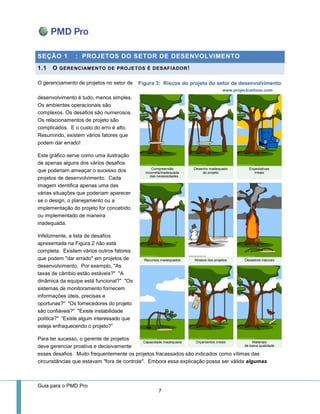 Guia para o PMD Pro 
7 
SEÇÃO 1 : PROJETOS DO SETOR DE DESENVOLVIMENTO 1.1 O GERENCIAMENTO DE PROJETOS É DESAFIADOR! 
O gerenciamento de projetos no setor de desenvolvimento é tudo, menos simples. Os ambientes operacionais são complexos. Os desafios são numerosos. Os relacionamentos de projeto são complicados. E o custo do erro é alto. Resumindo, existem vários fatores que podem dar errado! 
Este gráfico serve como uma ilustração de apenas alguns dos vários desafios que poderiam ameaçar o sucesso dos projetos de desenvolvimento. Cada imagem identifica apenas uma das várias situações que poderiam aparecer se o design, o planejamento ou a implementação do projeto for concebido ou implementado de maneira inadequada. 
Infelizmente, a lista de desafios apresentada na Figura 2 não está completa. Existem vários outros fatores que podem "dar errado" em projetos de desenvolvimento. Por exemplo, "As taxas de câmbio estão estáveis?" "A dinâmica da equipe está funcional?" "Os sistemas de monitoramento fornecem informações úteis, precisas e oportunas?" "Os fornecedores do projeto são confiáveis?" "Existe instabilidade política?" “Existe algum interessado que esteja enfraquecendo o projeto?” 
Para ter sucesso, o gerente de projetos deve gerenciar proativa e decisivamente esses desafios. Muito frequentemente os projetos fracassados são indicados como vítimas das circunstâncias que estavam "fora de controle". Embora essa explicação possa ser válida algumas 
Figura 3: Riscos do projeto do setor de desenvolvimento 
www.projectcartoon.com  